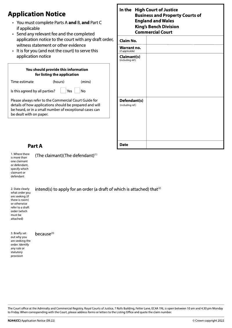 N244 CC Application notice Commercial Court preview