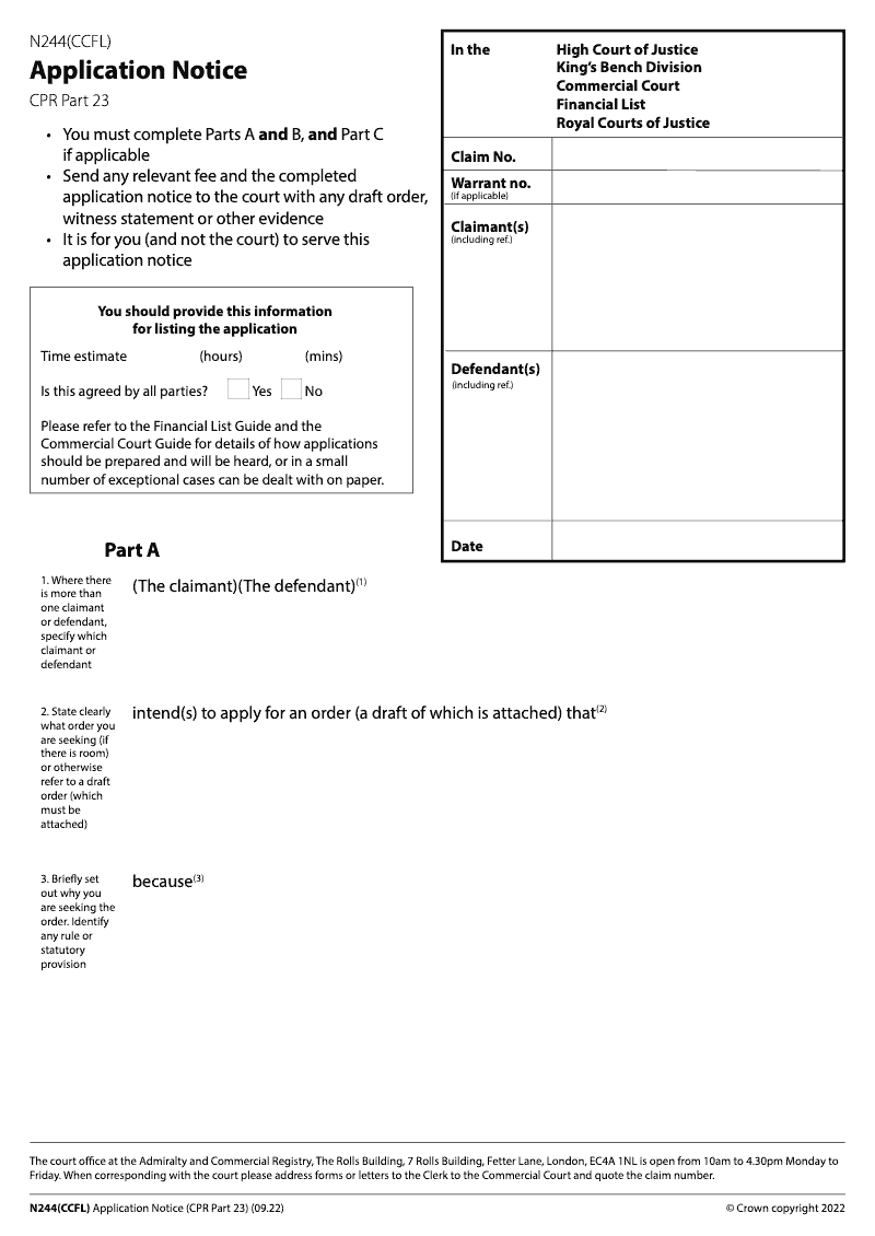 N244 CCFL Application notice for the Financial List Commercial Court preview