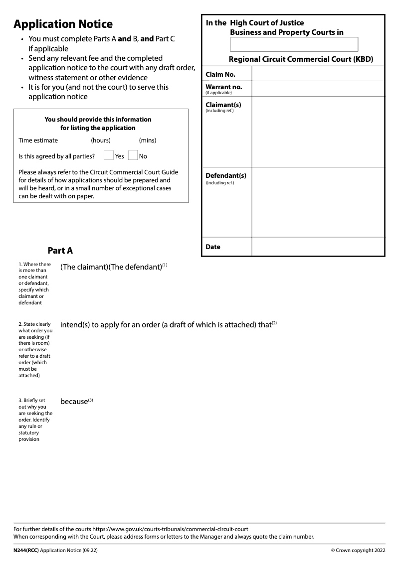N244 RCC Application notice Regional Commercial Court KBD electronic signature available preview