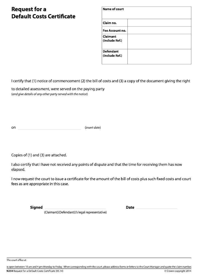 N254 Request for a default costs certificate preview