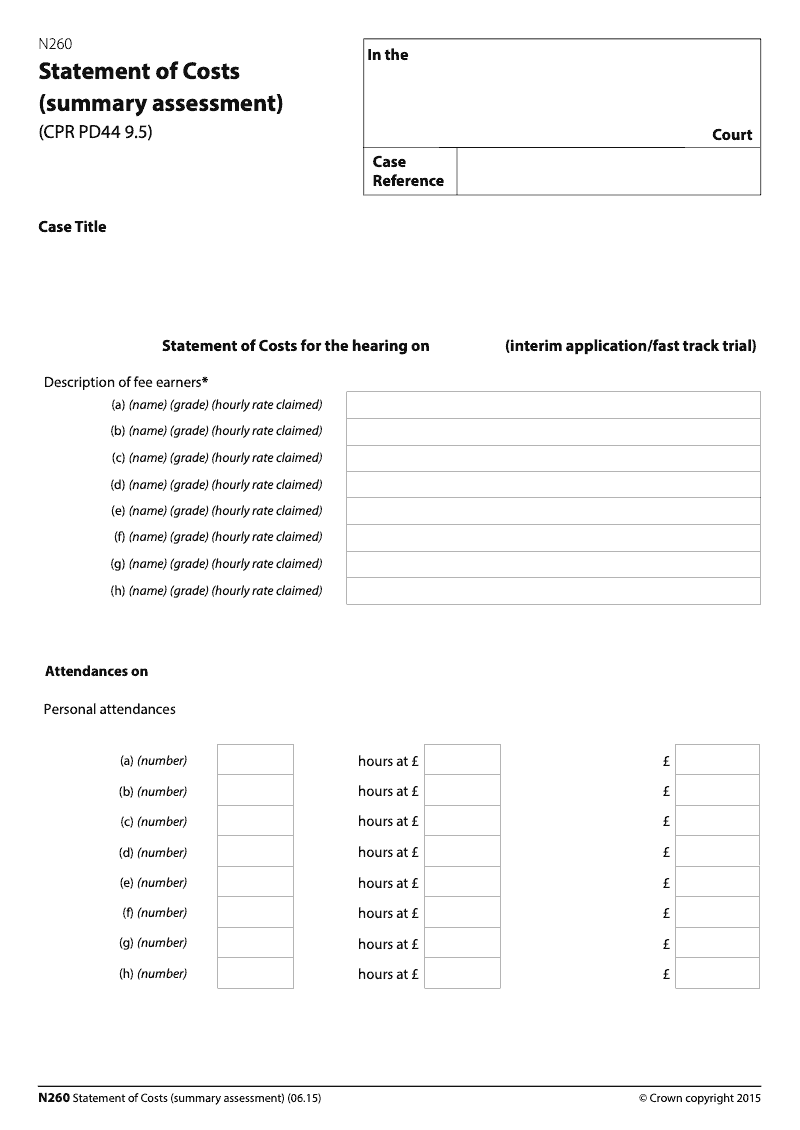 N260 Long Statement of Costs summary assessment extended for up to 8 fee earners electronic signature avaialble preview