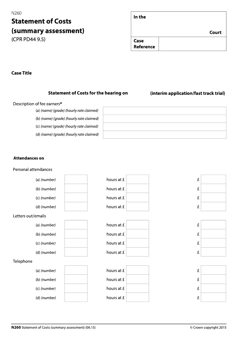 N260 Statement of Costs summary assessment preview