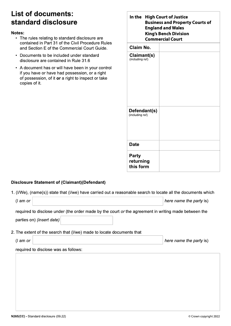 N265 CC List of documents standard disclosure Commercial Court preview