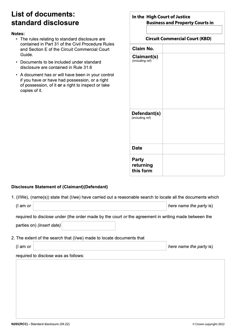 N265 RCC List of documents standard disclosure Regional Commercial Court KBD preview