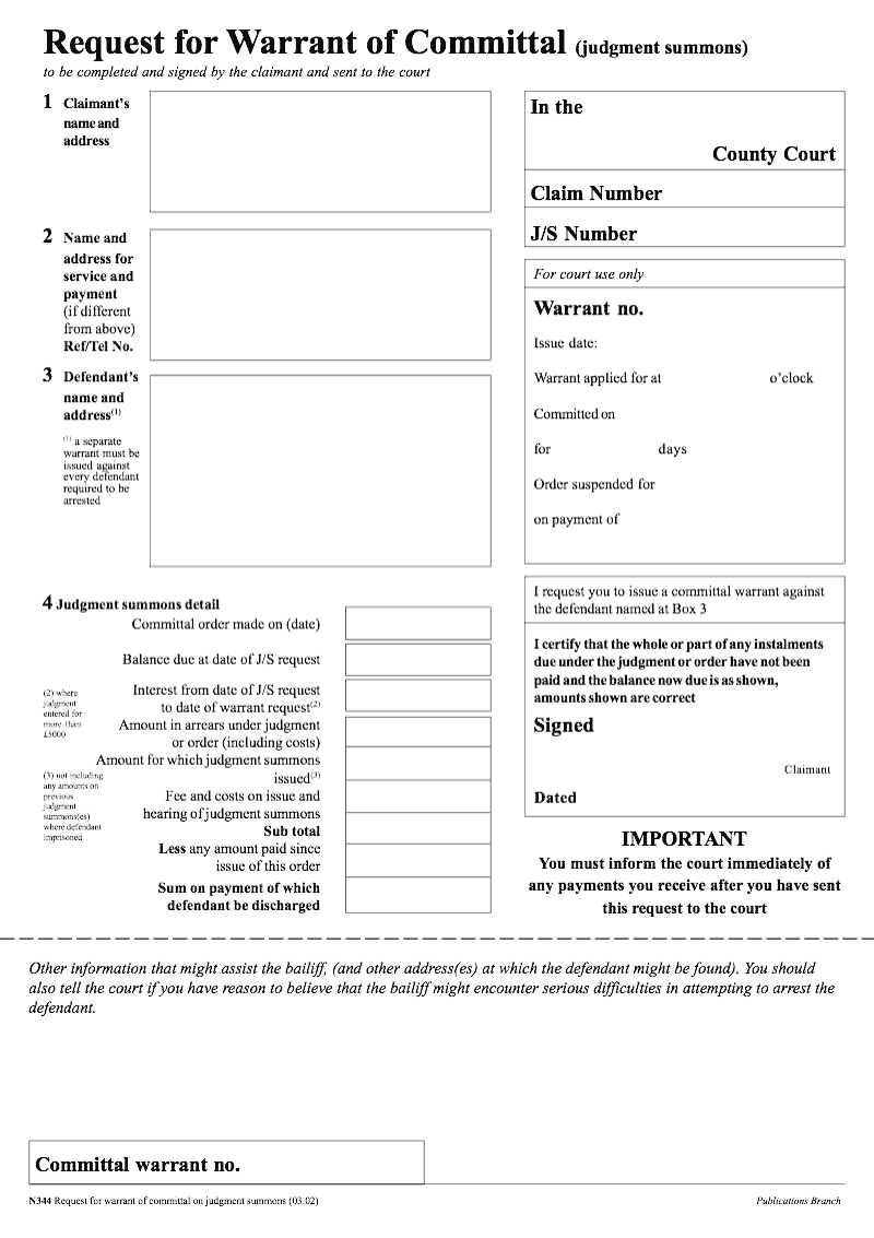 N344 Request for Warrant of Committal judgment summons preview