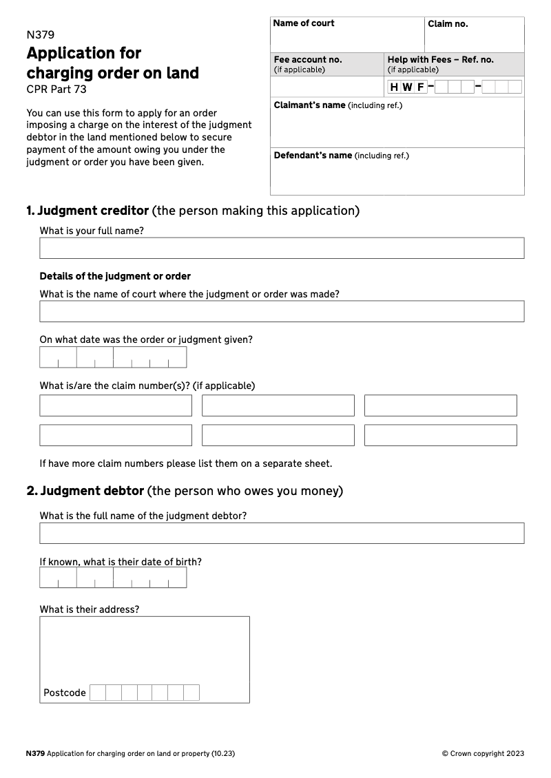 N379 Application for charging order on land CPR Part 73 preview