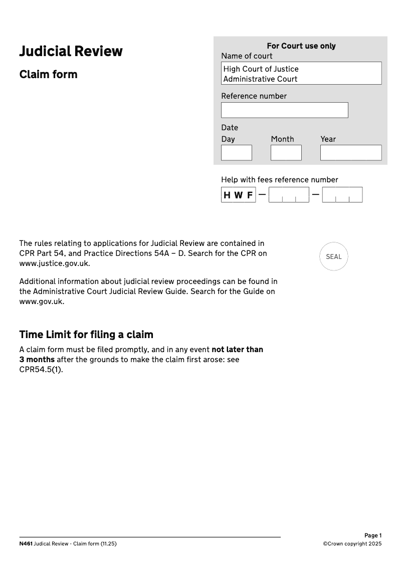 N461 Claim form Judicial Review preview