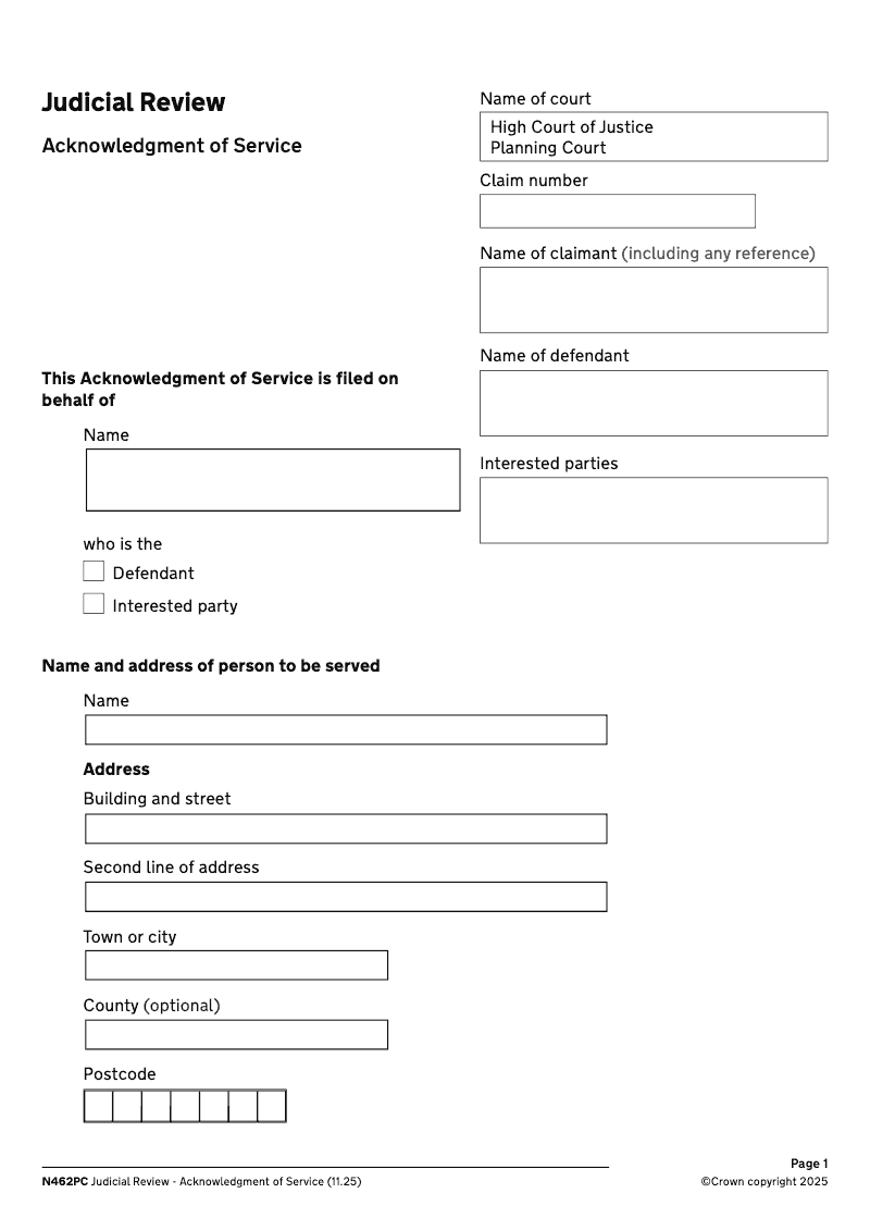 N462PC Acknowledgment of service Judicial Review Planning Court preview