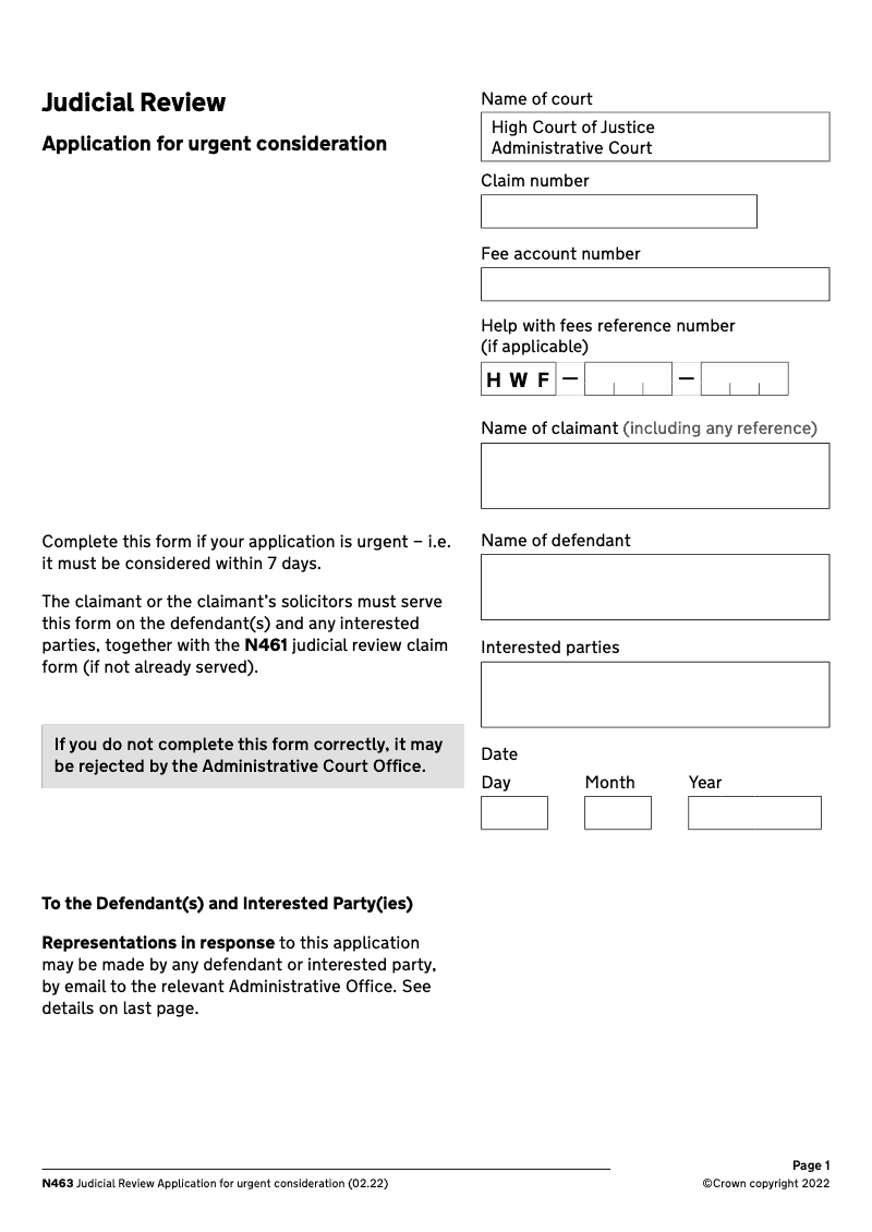 N463 Application for urgent consideration Judicial Review preview