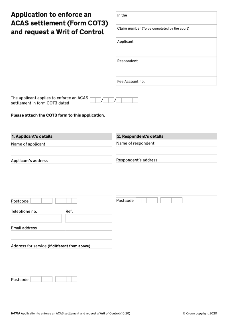 N471A Application to enforce an ACAS settlement Form COT3 and request a Writ of Control preview