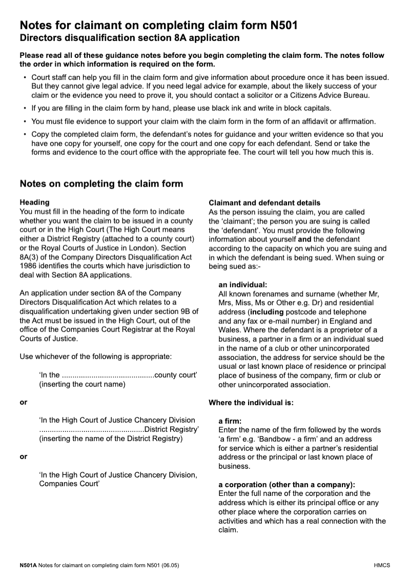 N501A Notes Notes for Claimant N501A Directors disqualification section 8A application preview