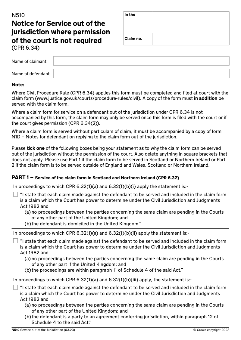 N510 Notice for service out of the jurisdiction where permission of the court is not required preview