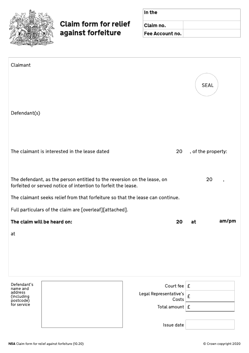 N5A Claim form for relief against forfeiture preview