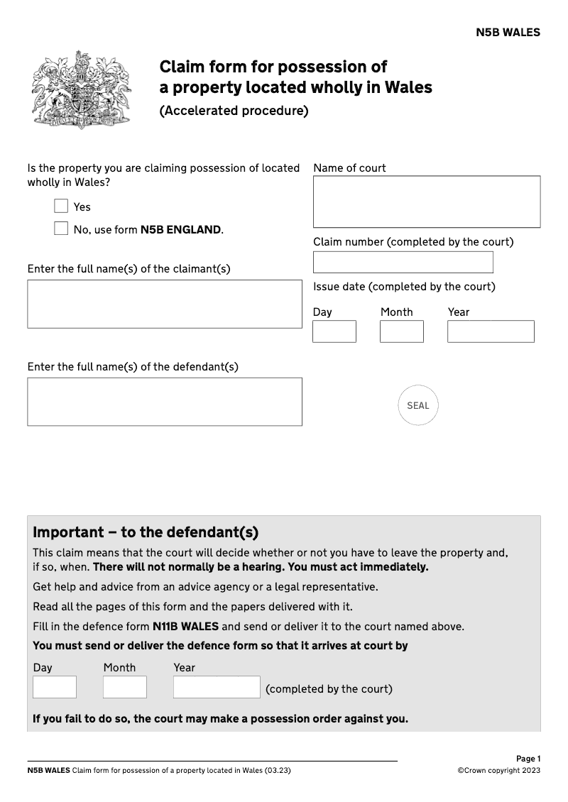 N5B Wales Claim form for possession of property located wholly in Wales accelerated procedure assured shorthold tenancy preview