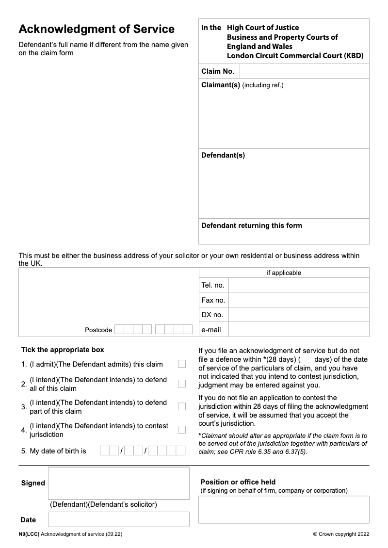 N9 LCC Acknowledgment of Service London Circuit Commercial Court KBD electronic signature available preview