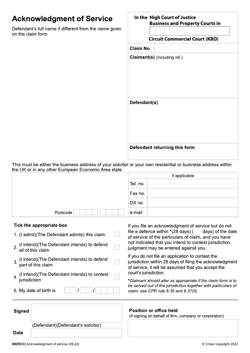 N9 RCC Acknowledgment of Service Regional Commercial Court KBD electronic signature available preview
