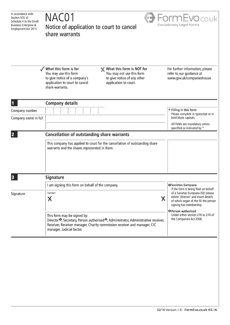 NAC01 Notice of application to court to cancel share warrants Section 5 5 of Schedule 4 to the Small Business Enterprise and Employment Act 2015 preview