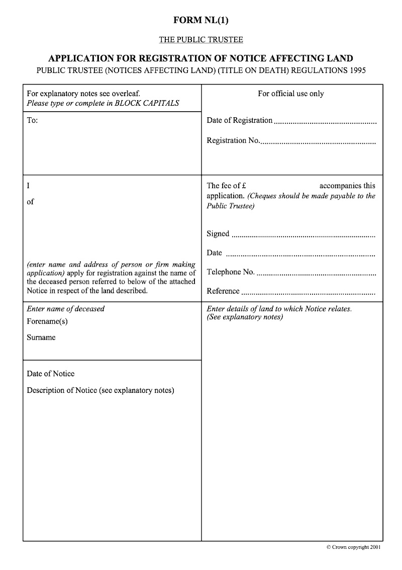 NL 1 Application for registration of notice affecting land Public Trustee Notices Affecting Land Title On Death Regulations 1995 preview