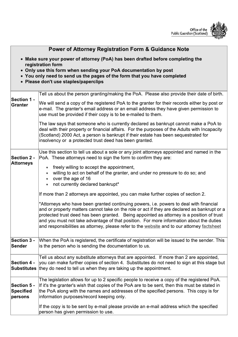OPG_POA Power of Attorney Registration Form and Guidance Note preview
