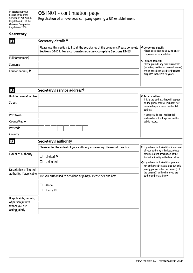 OS IN01 Continuation Page 1 Registration of an Overseas Company Opening a UK Establishment Secretary preview