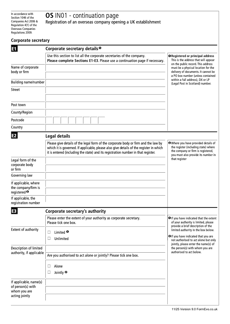 OS IN01 Continuation Page 2 Registration of an Overseas Company Opening a UK Establishment Corporate Secretary preview