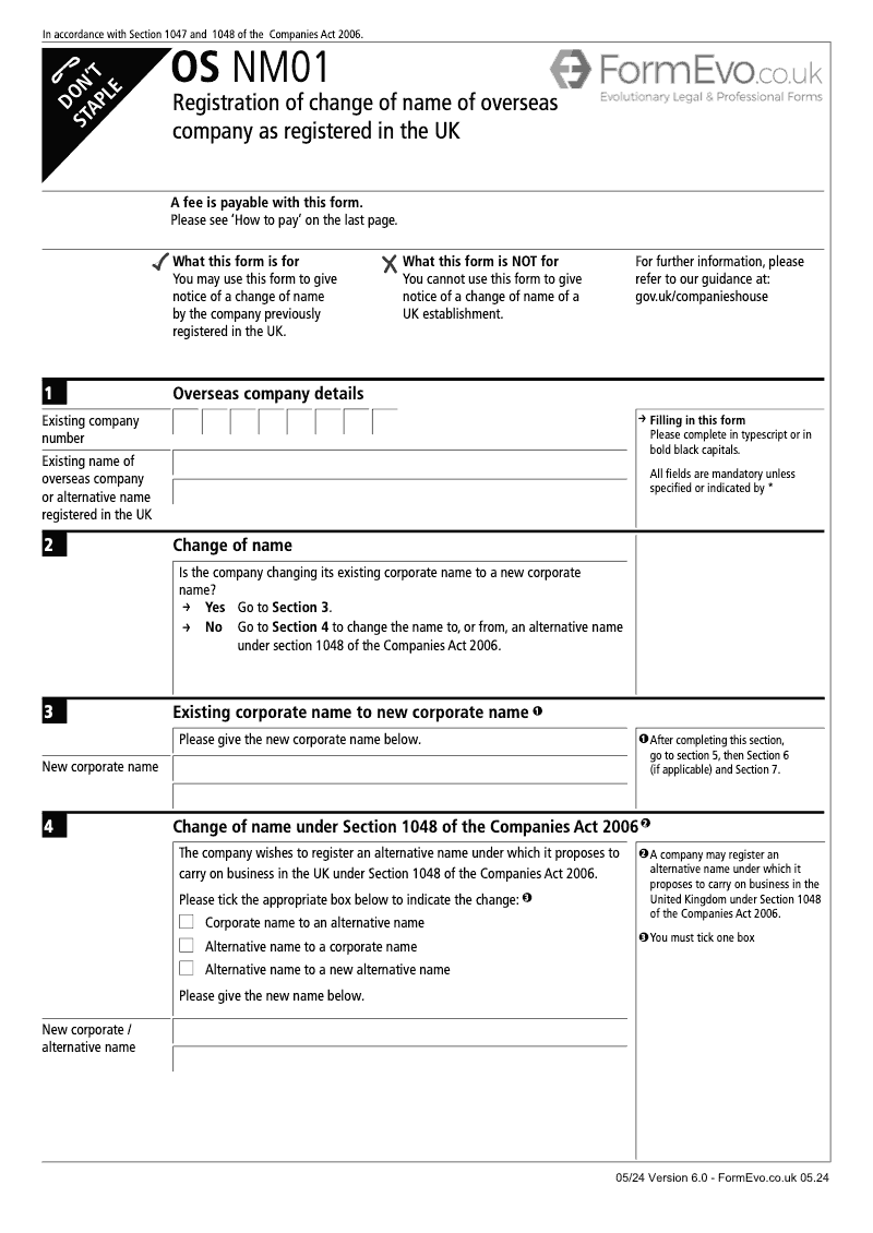 OS NM01 Registration of change of name of overseas company as registered in the UK Section 1047 and 1048 preview