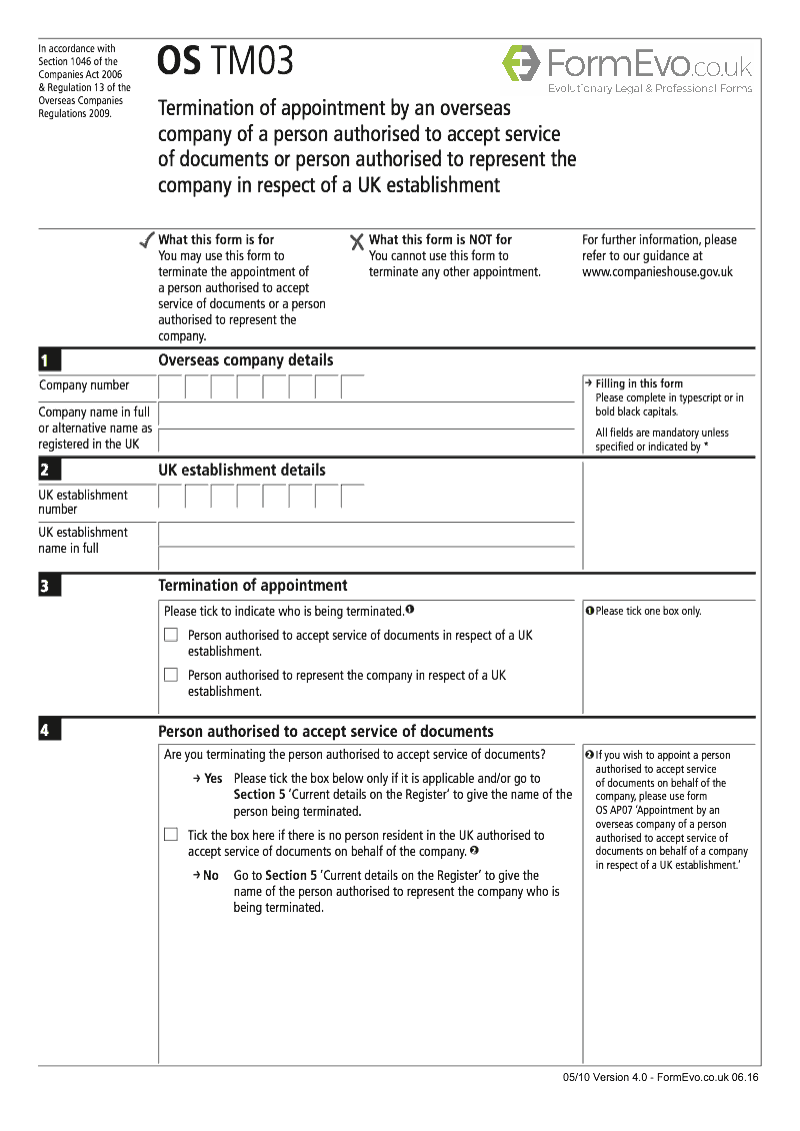 OS TM03 Termination of appointment by an overseas company of a person authorised to accept service of documents or person authorised to represent the company in respect of a UK establishment Section 1046 preview