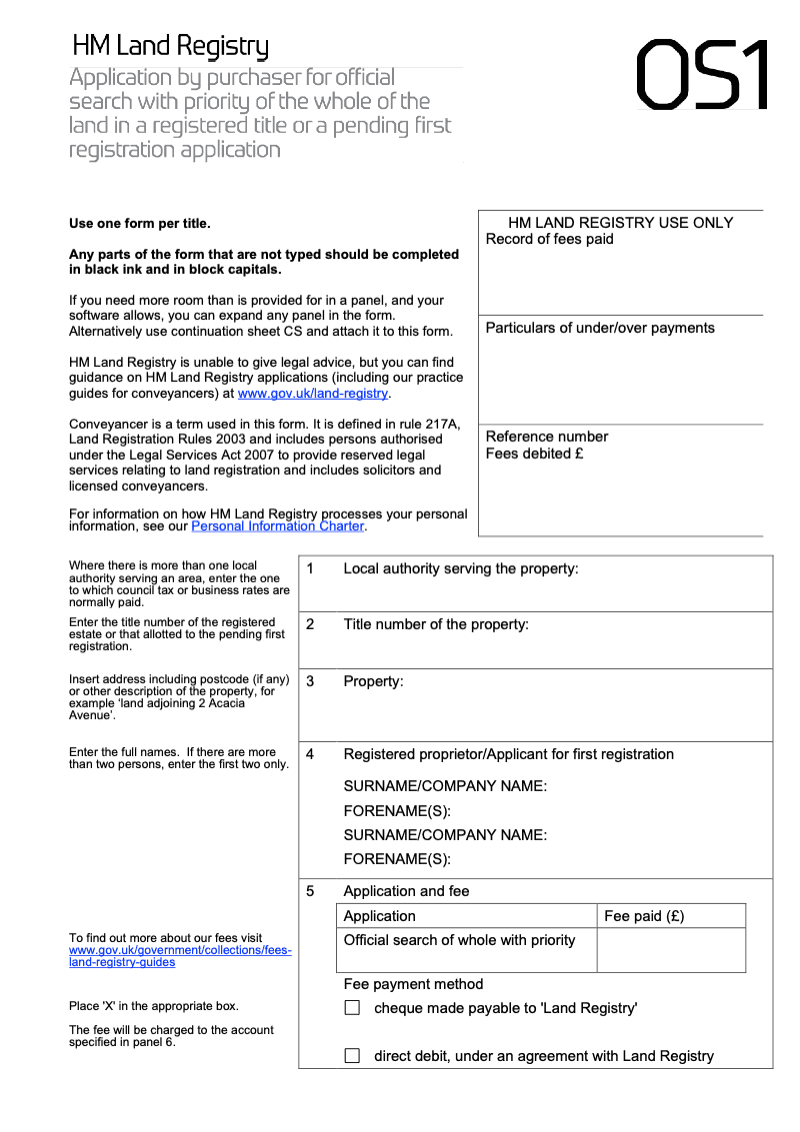 OS1X Application by purchaser for official search with priority of the whole of the land in registered title or a pending first registration application Word Version preview