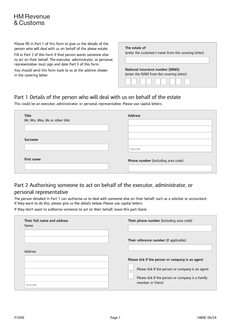 P1000 Tell HMRC about who is dealing with the estate when someone dies preview