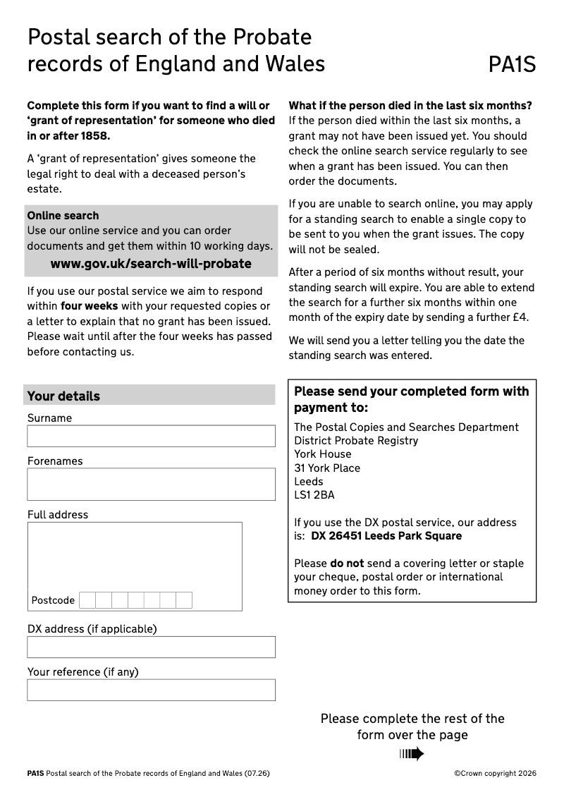 PA1S Postal search of the Probate records of England and Wales preview