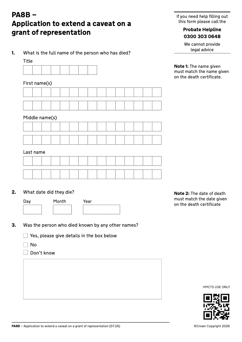 PA8B Application to extend a caveat on a grant of representation preview