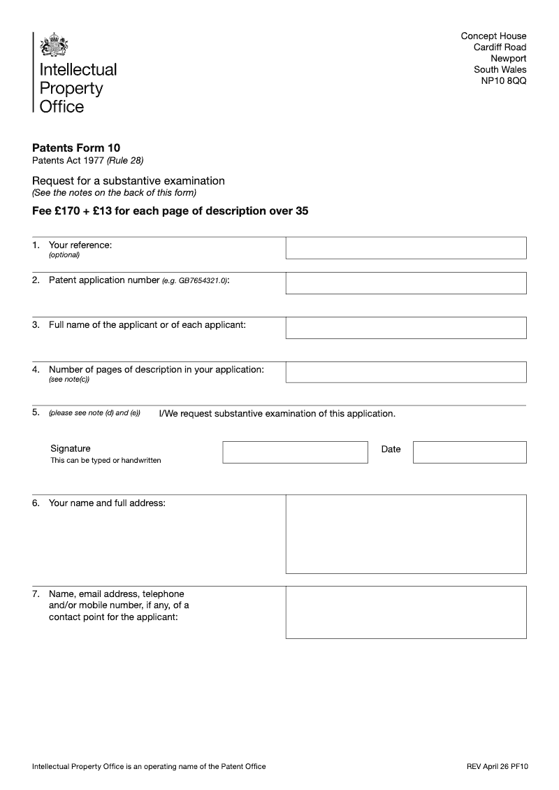 Patents Form 10 Request for a substantive examination Patents Act 1977 Rule 28 preview