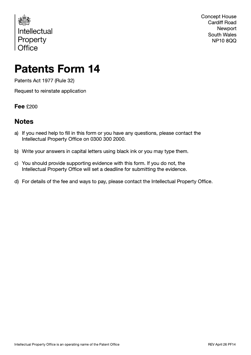 Patents Form 14 Request to reinstate a patent application Patents Act 1977 Rule 32 preview