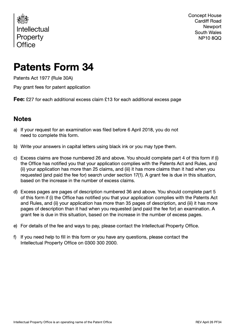 Patents Form 34 Grant fee for patent application Patents Act 1977 Rule 30A preview