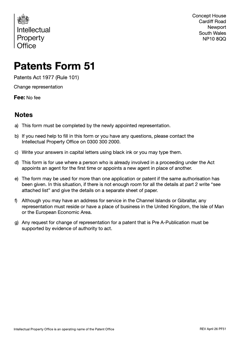 Patents Form 51 Appointment or change of agent Patents Act 1977 Rule 101 preview