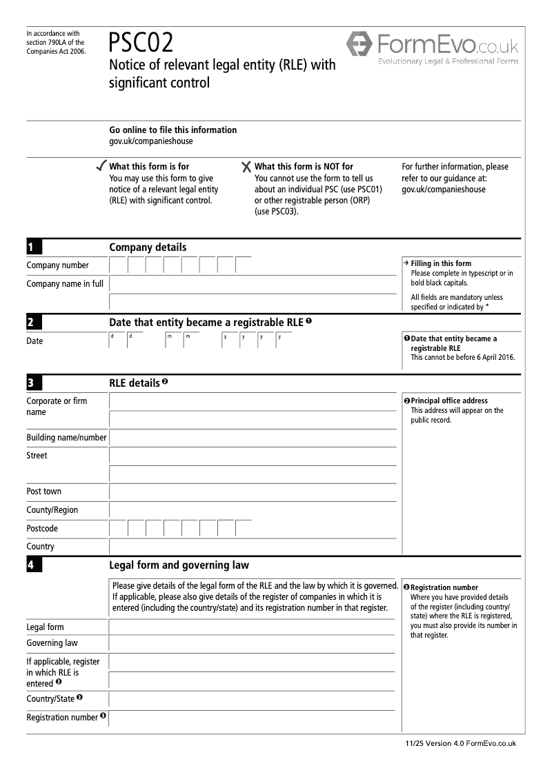 PSC02 Notice of relevant legal entity RLE with significant control Section 790A and 790ZA of the Companies Act 2006 preview