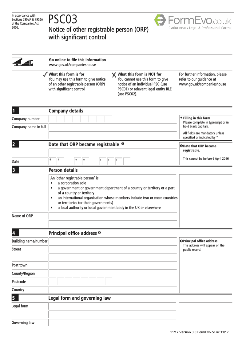 PSC03 Notice of other registrable person ORP with significant control Section 790K and 790ZA of the Companies Act 2006 preview