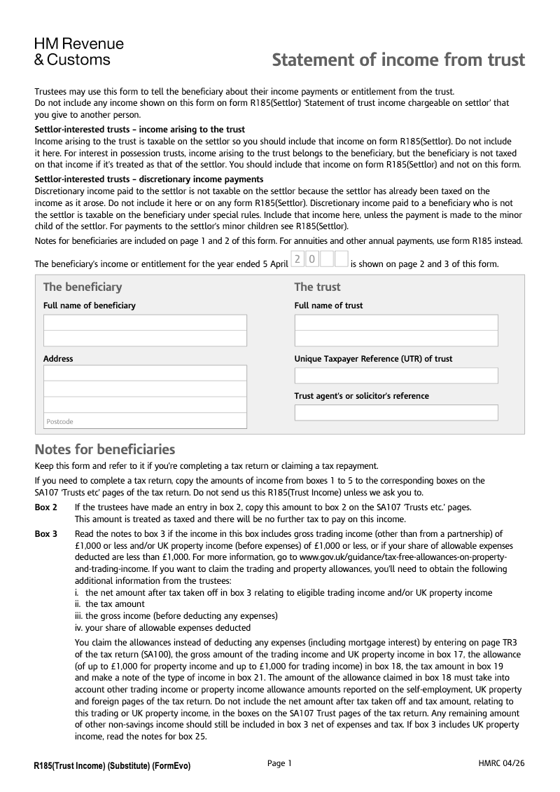 R185 Trust Income Statement of income from trust preview