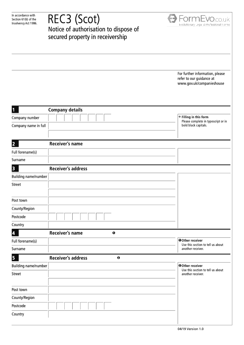 REC3 Scot Notice of Authorisation to Dispose of Secured Property in Receivership preview