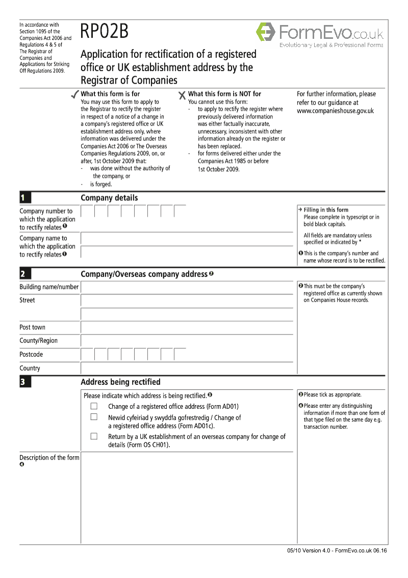 RP02B Application for rectification of a registered office or UK establishment address by the Registrar of Companies Section 1095 preview