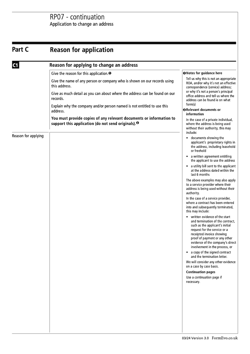 RP07 Continuation Page Reasons for applying continuation page RP07 Application to change a company s disputed registered office address preview