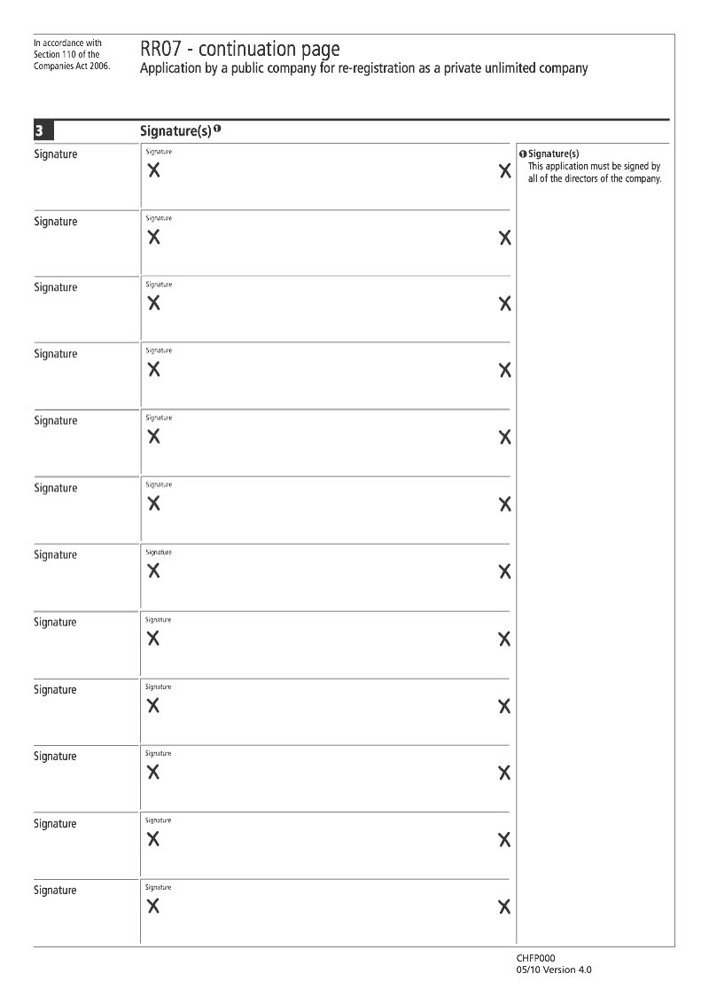 RR07 Continuation Page Signature s continuation page RR07 Application by a public company for re registration as a private unlimited company Section 110 preview