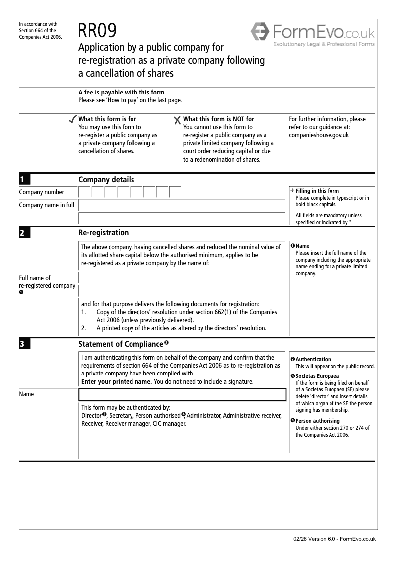 RR09 Application by a public company for re registration as a private company following a cancellation of shares Section 664 preview