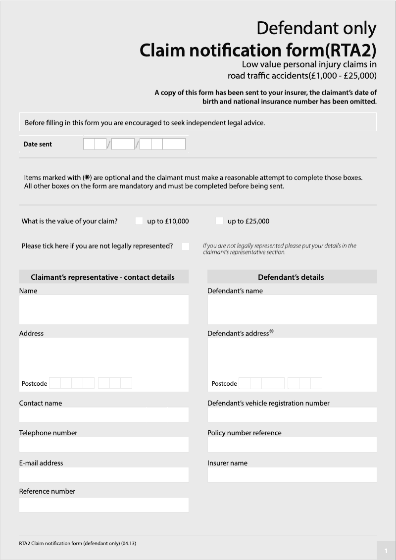 RTA2 Claim Notification Form RTA2 Low value personal injury claims in road traffic accidents 1000 25000 preview