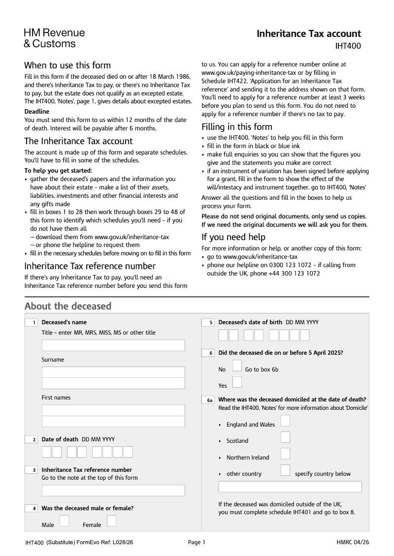 SA IHT400 Inheritance Tax account Standalone version preview