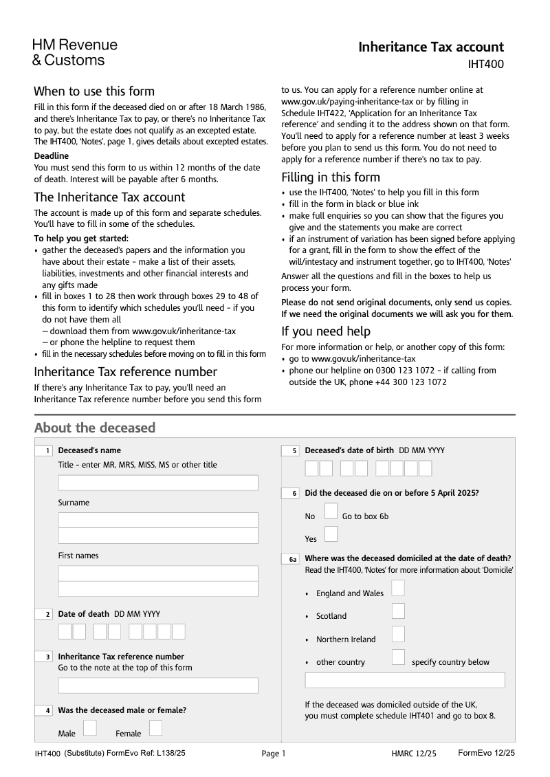 SA IHT400 Inheritance Tax account Standalone version preview