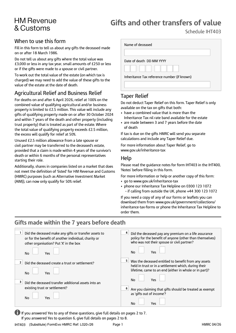 SA IHT403 Gifts and other transfers of value Schedule IHT403 Standalone version preview