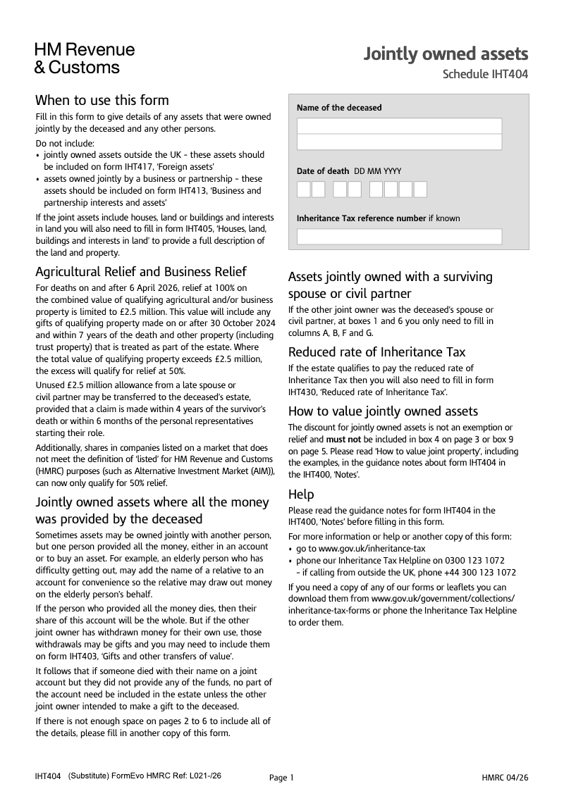 SA IHT404 Jointly owned assets Schedule IHT404 Standalone version preview