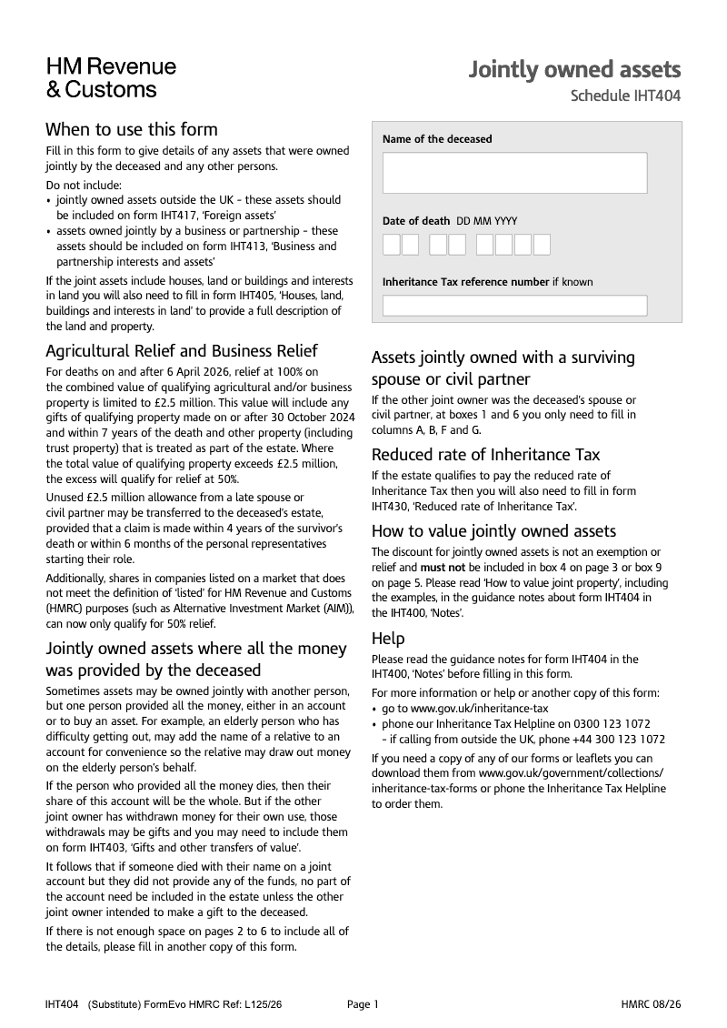 SA IHT404 Jointly owned assets Schedule IHT404 Standalone version preview