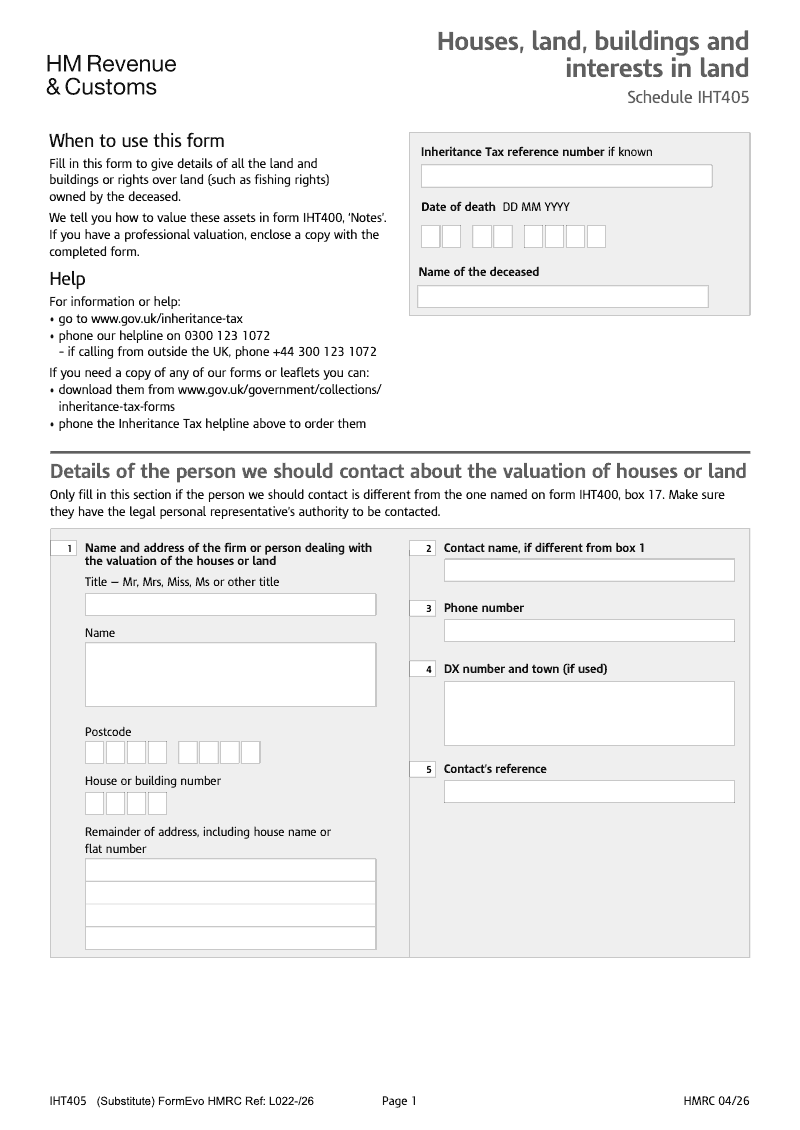 SA IHT405 Houses land buildings and interests in land Schedule IHT405 Standalone version preview